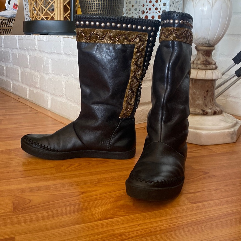 House of Harlow 1960 Willa Leather Beaded Boots - Like new. Beads, trim,studs A+